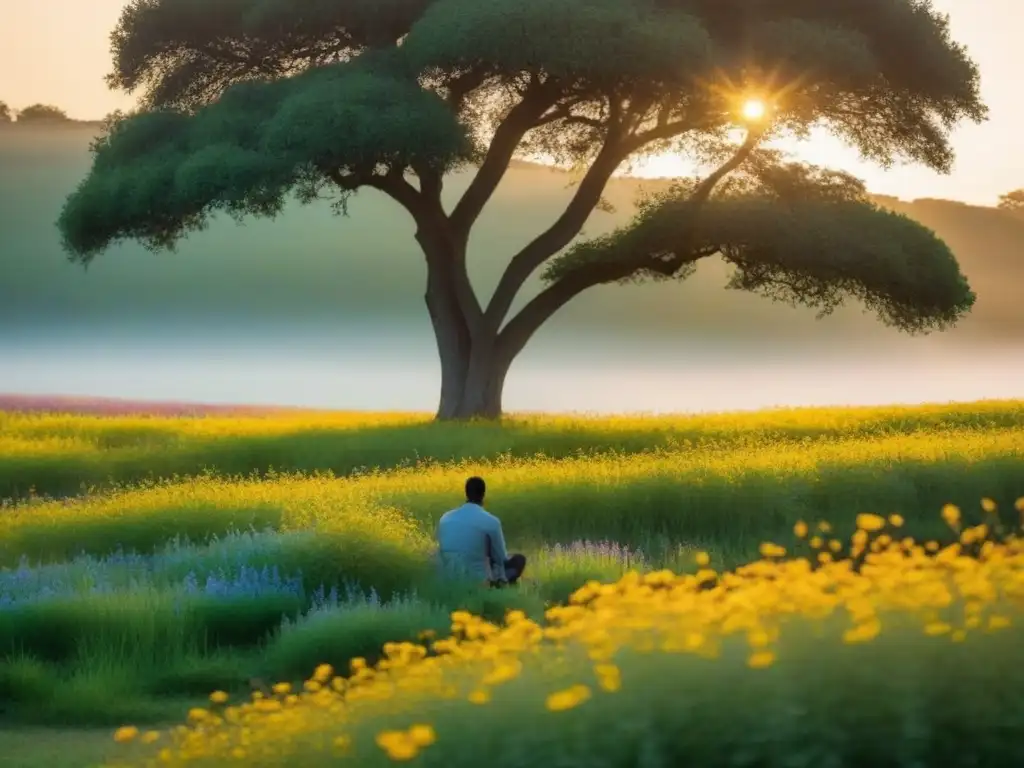 Un momento de transformación a través de la poesía: figura solitaria bajo un árbol, rodeada de flores silvestres al atardecer