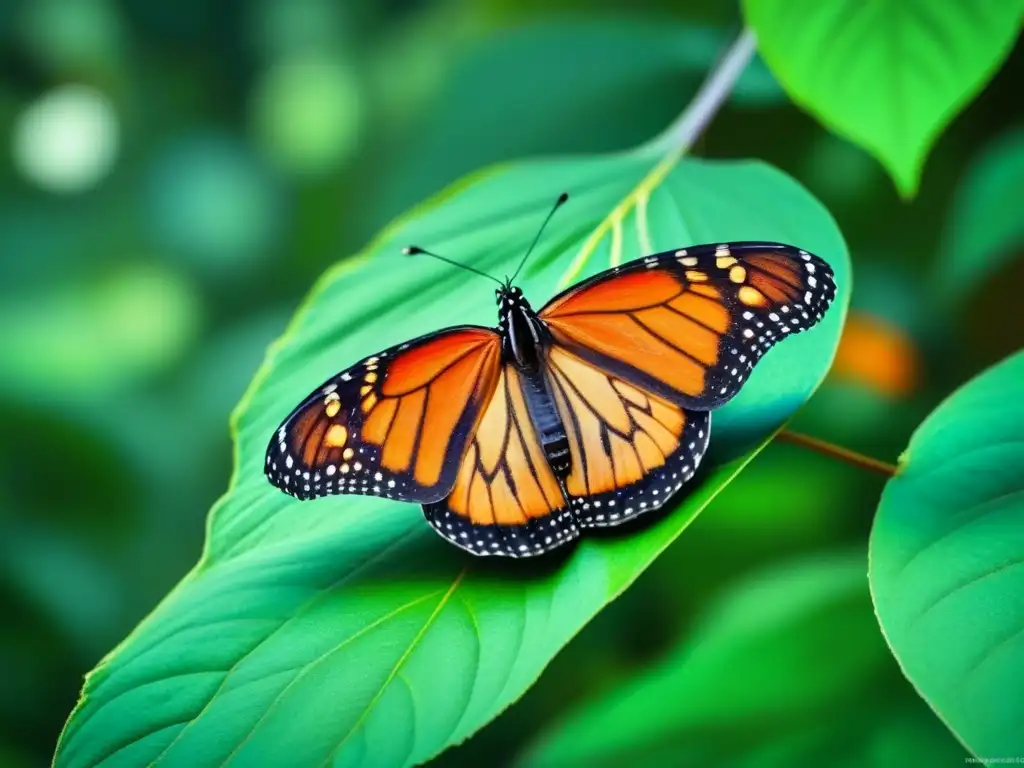 Mariposa monarca en hoja verde, patrones detallados y colores vibrantes