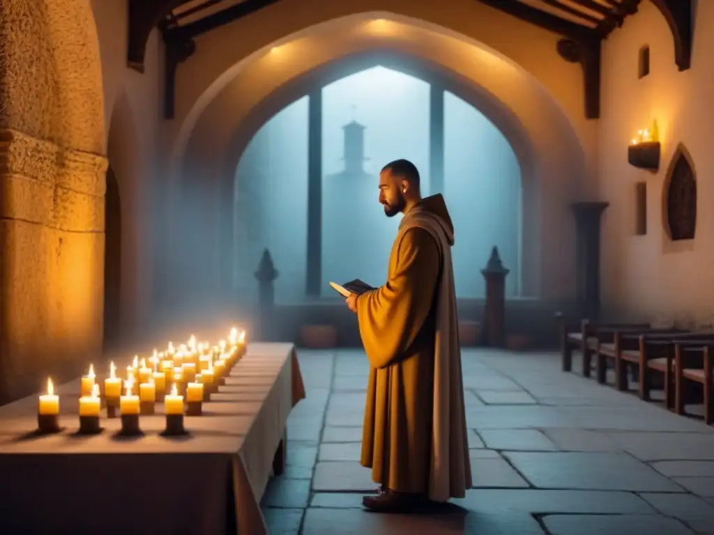 Un monasterio medieval iluminado por velas, reflejando la serena atmósfera de la poesía religiosa en la Edad Media