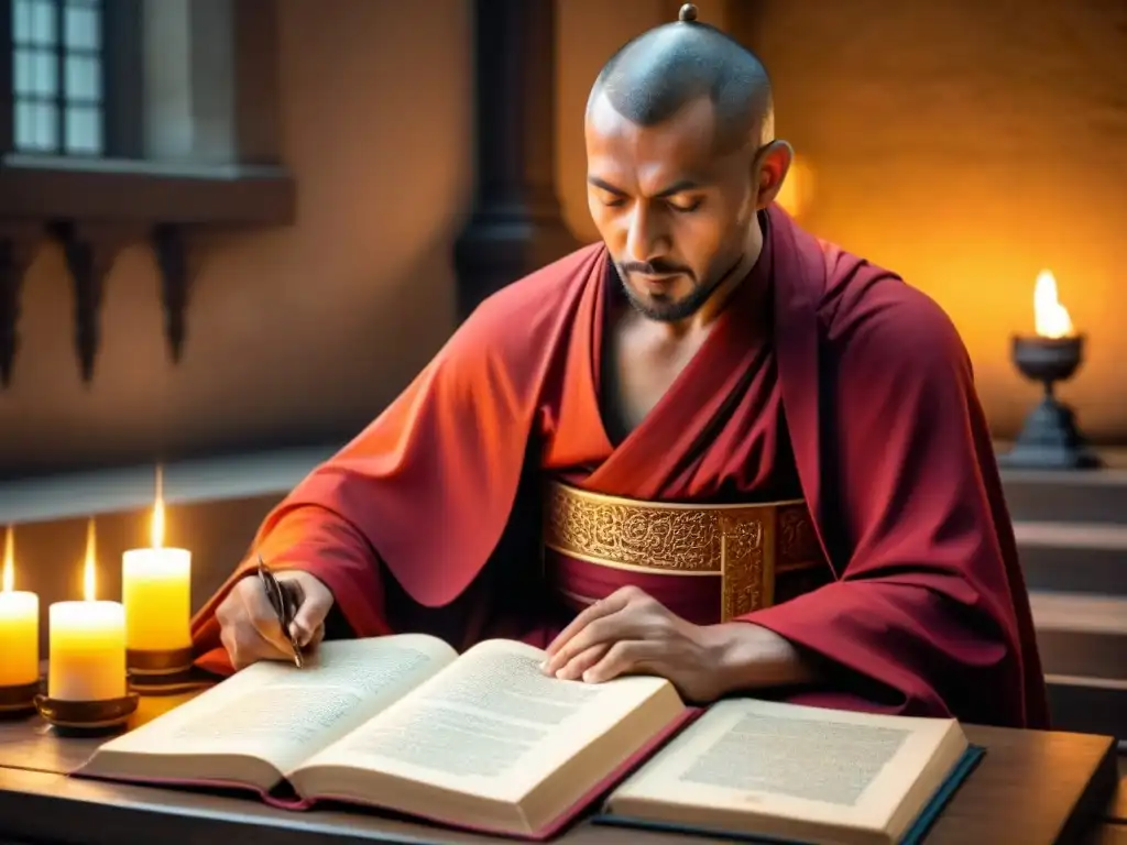 Un monje del Renacimiento Carolingio copiando poesía medieval en un scriptorium iluminado por una vela