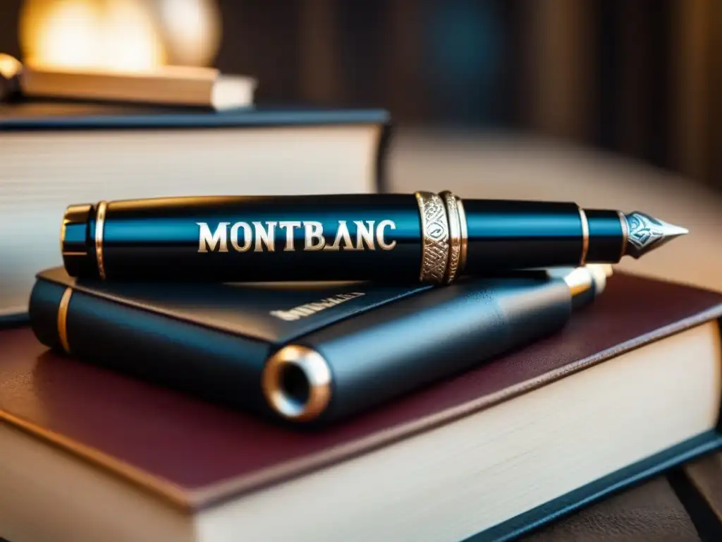 Montblanc negro sobre libros de cuero, elegante accesorio de escritura historia marcas prestigiosas