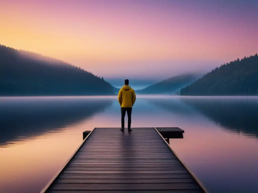 Un muelle de madera al atardecer refleja la silueta de una figura solitaria en un lago sereno