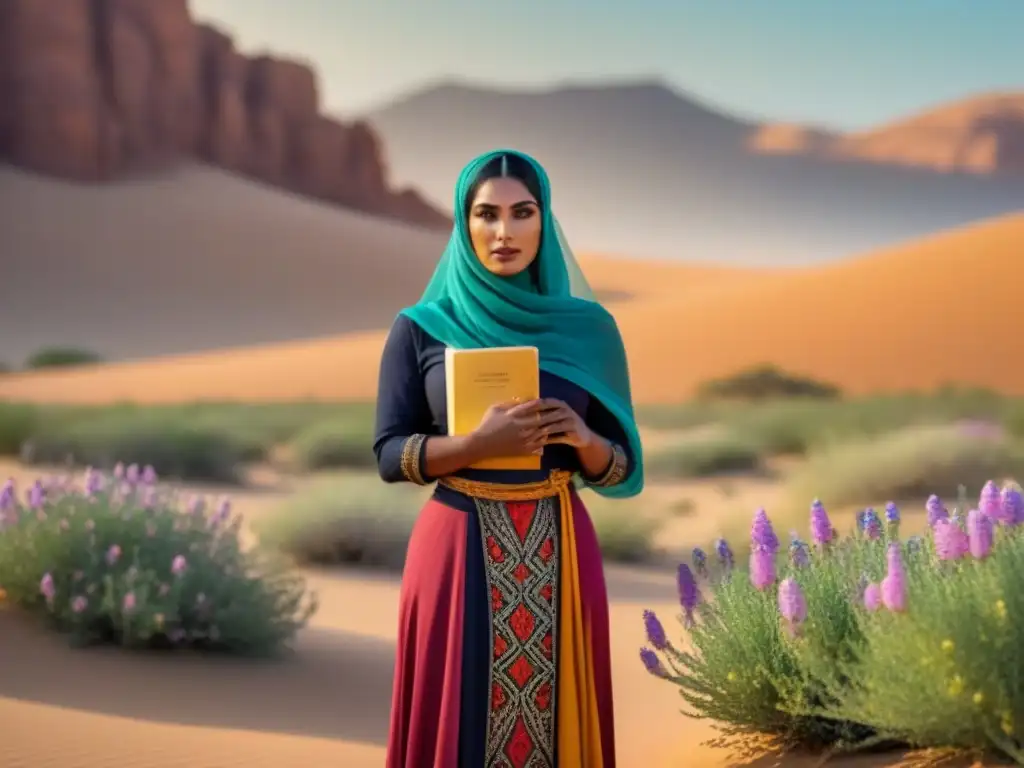Empoderamiento árabe en el desierto: mujer con libro de poesía Una mujer árabe con velo en el desierto, rodeada de flores, leyendo poesía