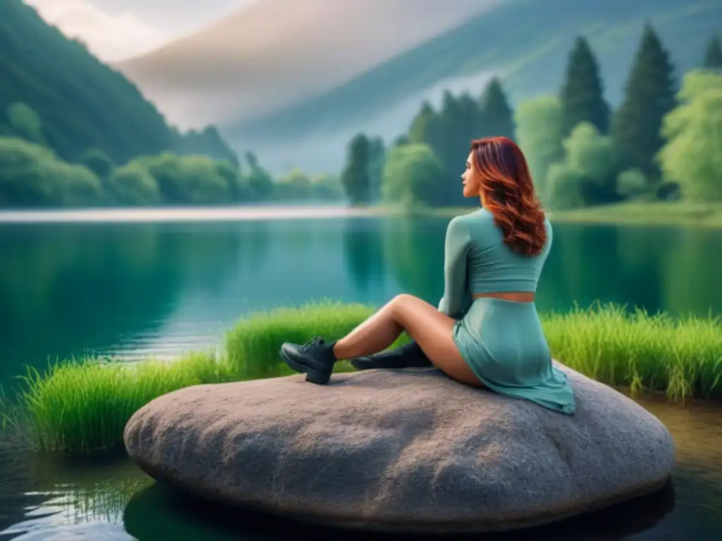 Mujer contemplativa junto al lago, en conexión con la naturaleza y la poesía ancestral