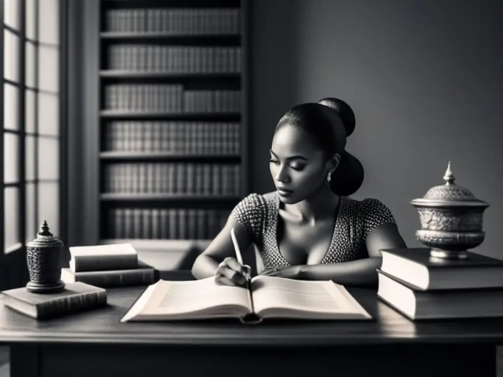 Representación de una mujer empoderada en su escritorio, rodeada de libros de poesía clásica, reflexiva