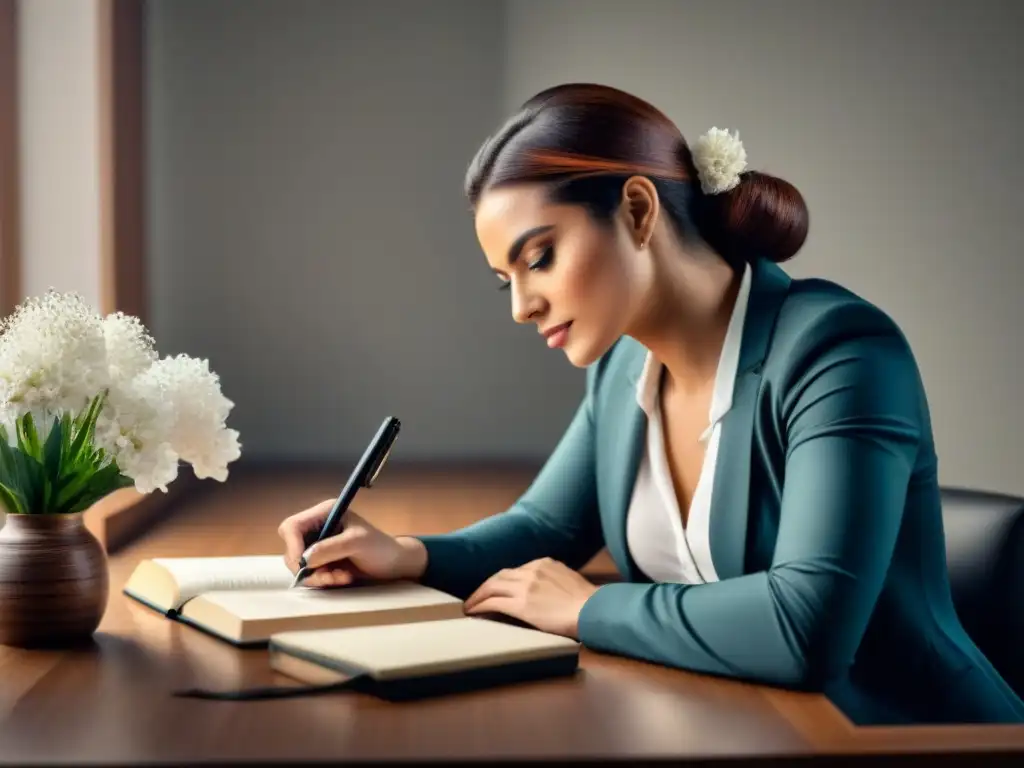 Una mujer en un escritorio rodeada de flores y libros, creando una atmósfera serena y enfocada