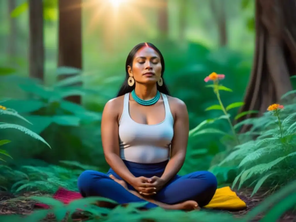 Una mujer maya indígena en profunda meditación en la selva, rodeada de naturaleza exuberante y flores silvestres