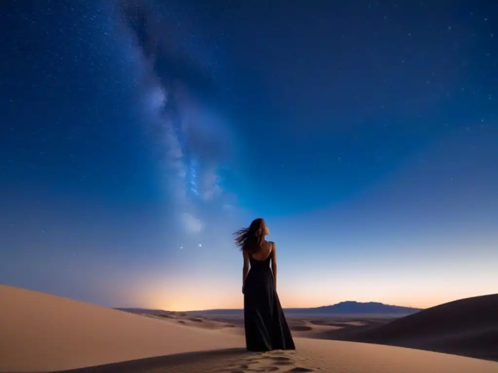 Una mujer solitaria contempla el cielo estrellado en el vasto desierto, evocando silencio en poesía femenina