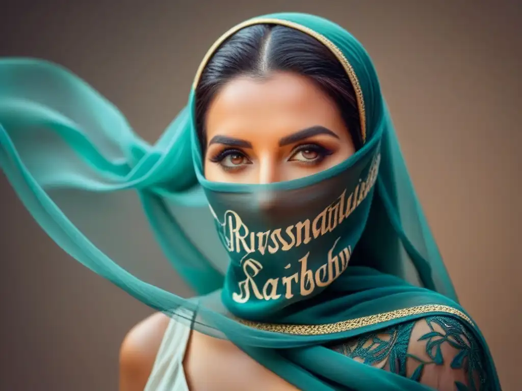 Poemas transformadores: Arte de la caligrafía árabe en velo Una mujer velada con caligrafía intrincada simboliza la poesía transformadora de las mujeres árabes en un estilo minimalista