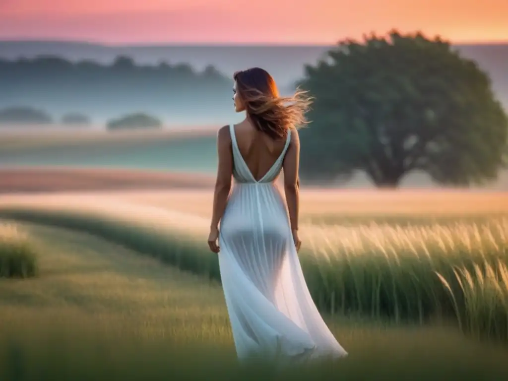 Una mujer en vestido blanco en un campo al atardecer, expresando silencio en poesía femenina