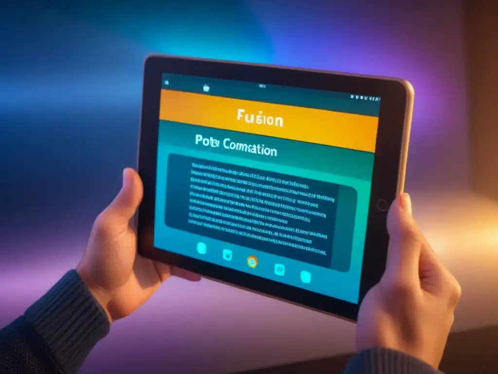 Un mundo digital cautivador: una tableta muestra una app de poesía interactiva, fusionando tecnología y arte