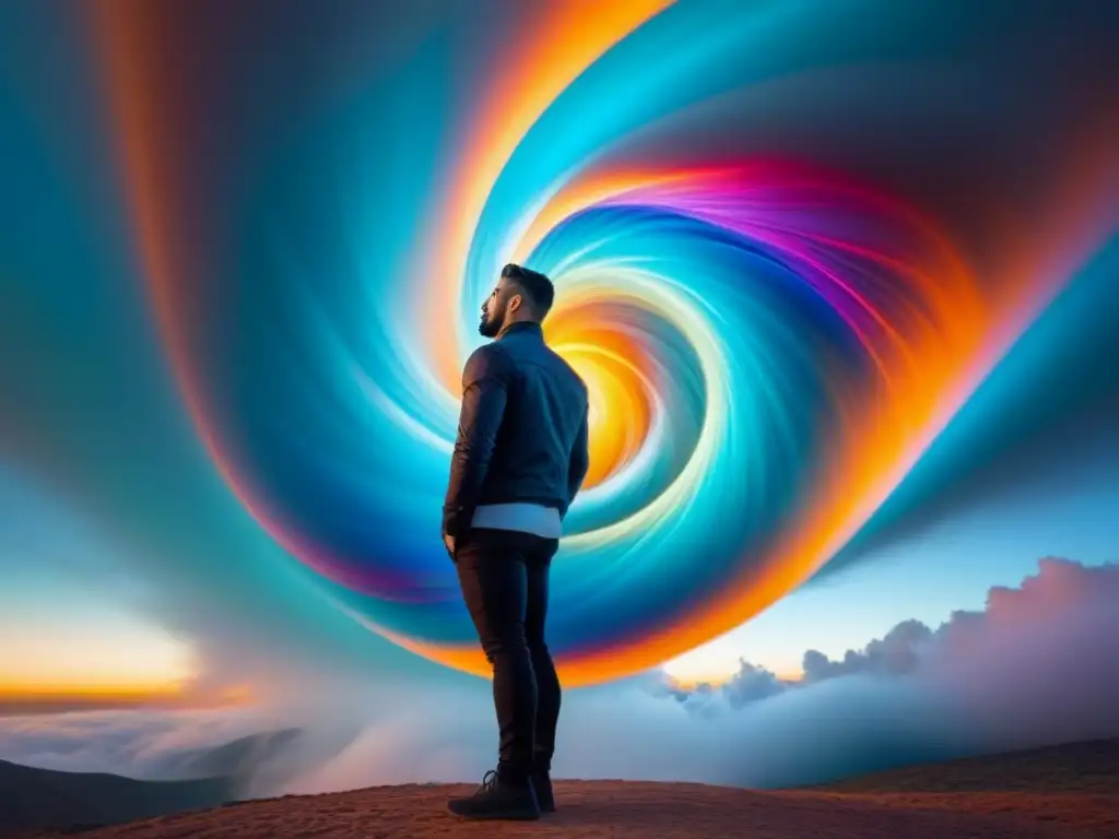 Vórtice Poético: Unión de Mundos Abstractos Dos mundos se fusionan en un torbellino de colores vibrantes, reflejando el poder transformador de la poesía