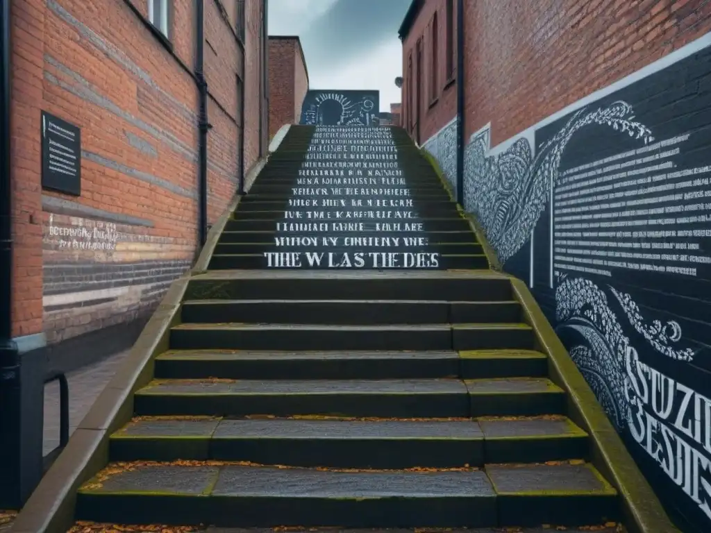 Un mural intrincado en una pared de ladrillo urbana, con escaleras y versos poéticos en caligrafía elegante