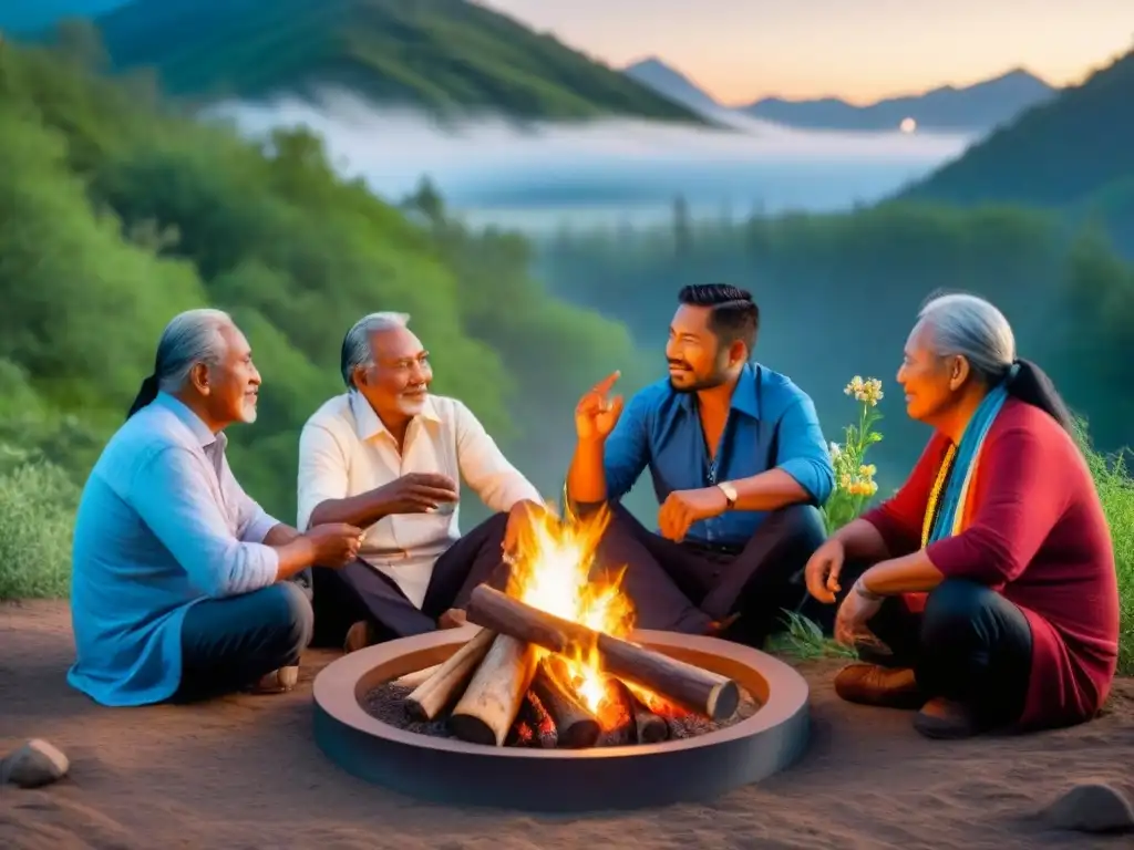 Mural vibrante de ancianos indígenas compartiendo historias alrededor de una fogata, rodeados de naturaleza exuberante y flores coloridas