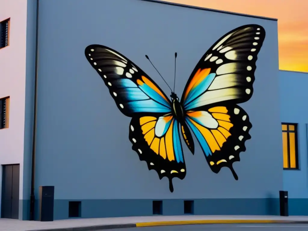 Un mural vibrante en blanco y negro de una mariposa detallada con alas coloridas, en contraste con el paisaje urbano