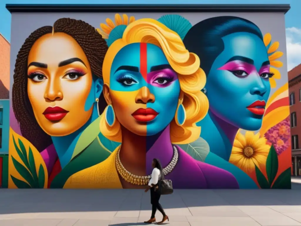 Un mural vibrante en una plaza de ciudad, donde la poesía en el espacio público une a diversas personas en una transformación social y comunitaria