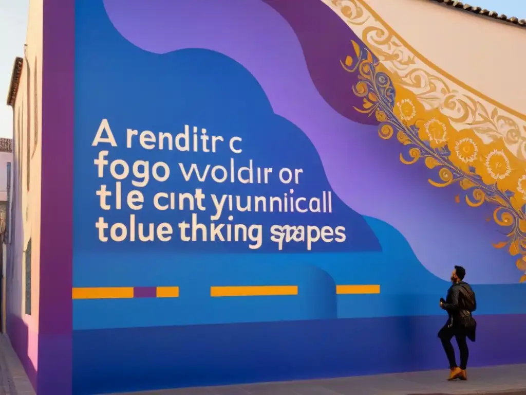 Un mural vibrante con poema y patrones geométricos, en tonos azul, morado y dorado