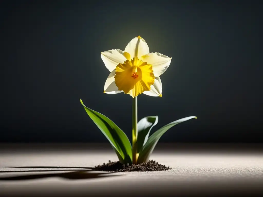 Un narciso solitario emerge de un fondo sombrío, sus pétalos capturan la luz de manera poética y esperanzadora al estilo de Emily Dickinson