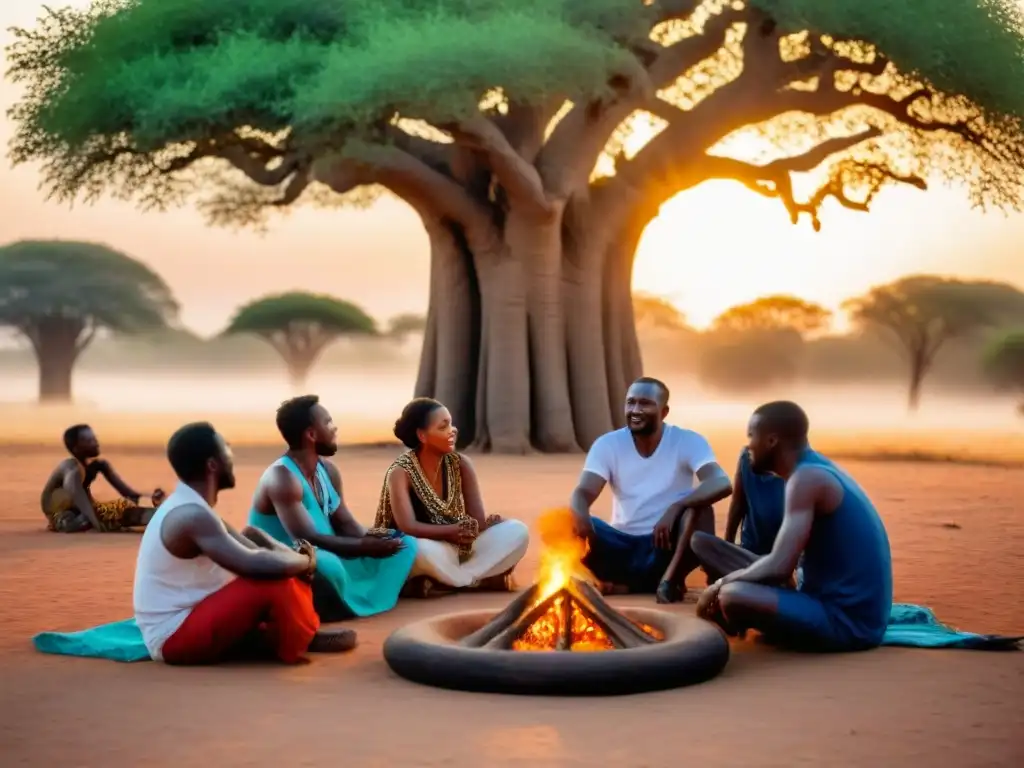 Un narrador africano cautiva a su audiencia bajo un baobab al atardecer, en un escenario de luz dorada