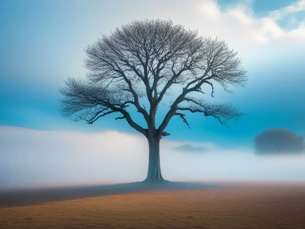 Poesía sobre la naturaleza transformadora: Un árbol solitario destaca en un paisaje natural, simbolizando la belleza y la resiliencia