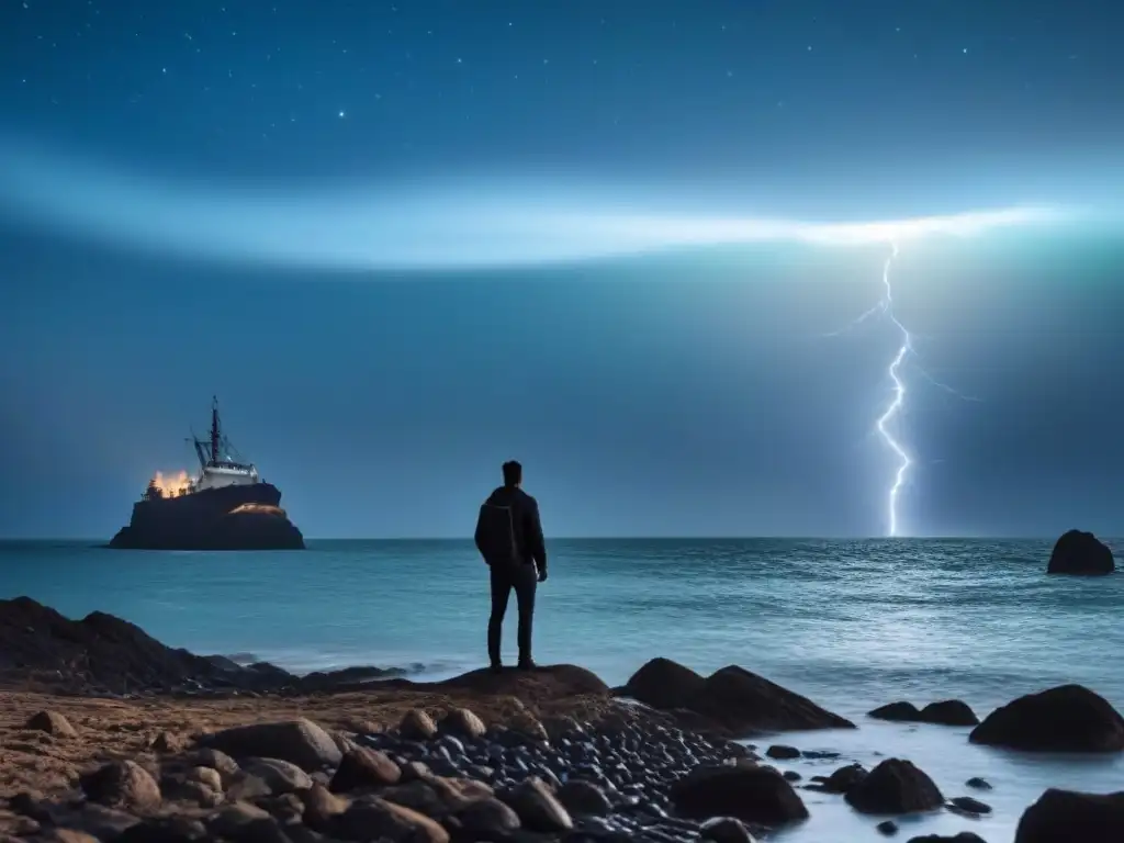 Un náufrago busca redención en La Tempestad de Shakespeare, contemplando el mar estrellado desde la costa rocosa