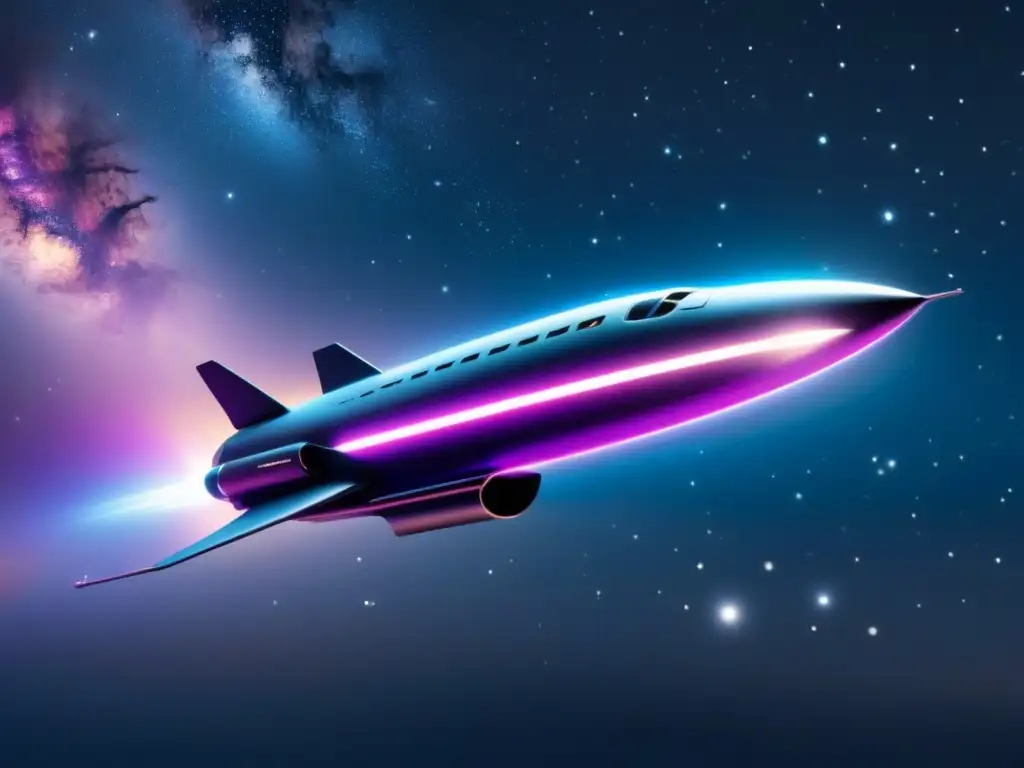 Nave espacial futurista surcando galaxia con constelaciones brillantes, fusionando poesía lírica con digital