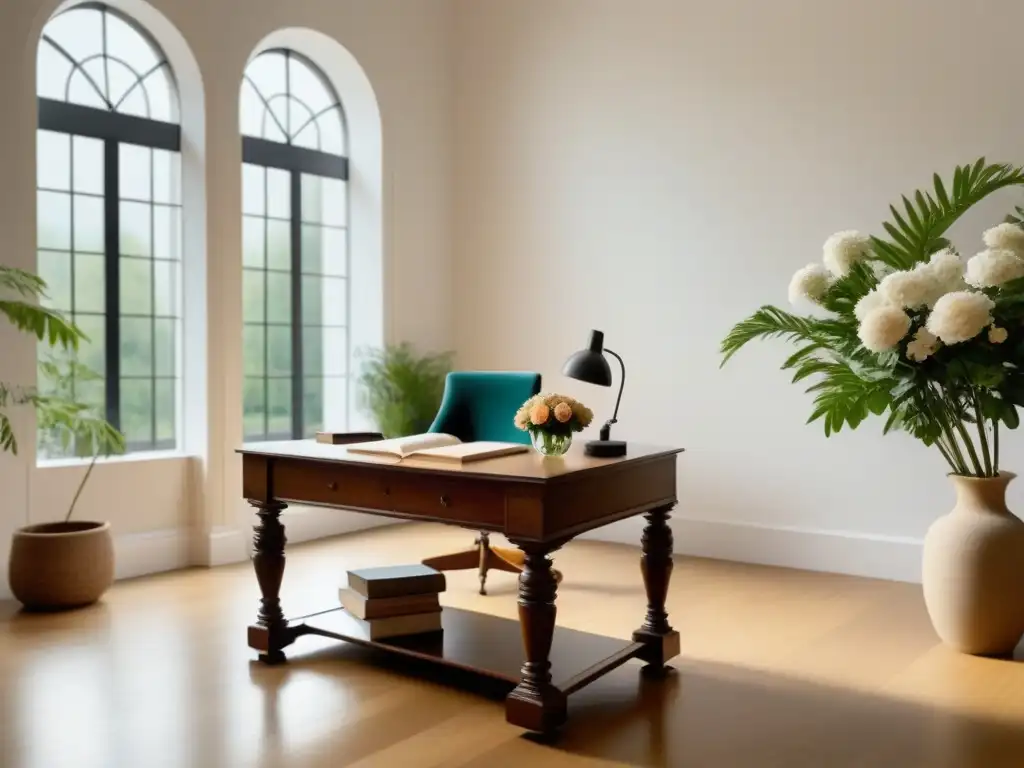 Escena de biblioteca neoclásica: elegancia y serenidad Un rincón de inspiración neoclásica en la poesía lírica: biblioteca minimalista con elegante escritorio de madera, ventanales y jardín exuberante