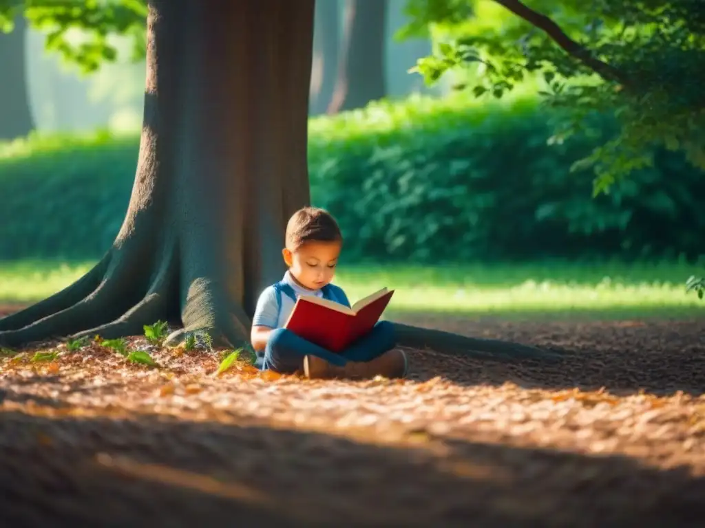 Un niño lee poesía en un bosque verde