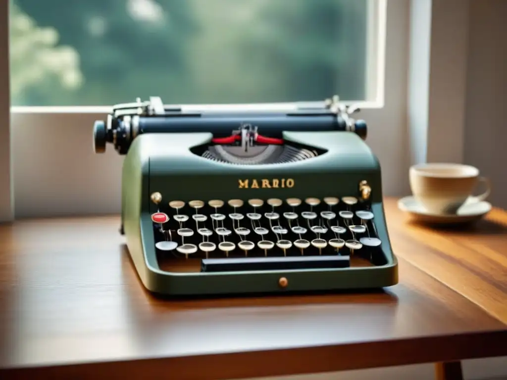 Una nostálgica escena de poesía cotidiana: una vieja máquina de escribir en un escritorio de madera, iluminada por suave luz natural