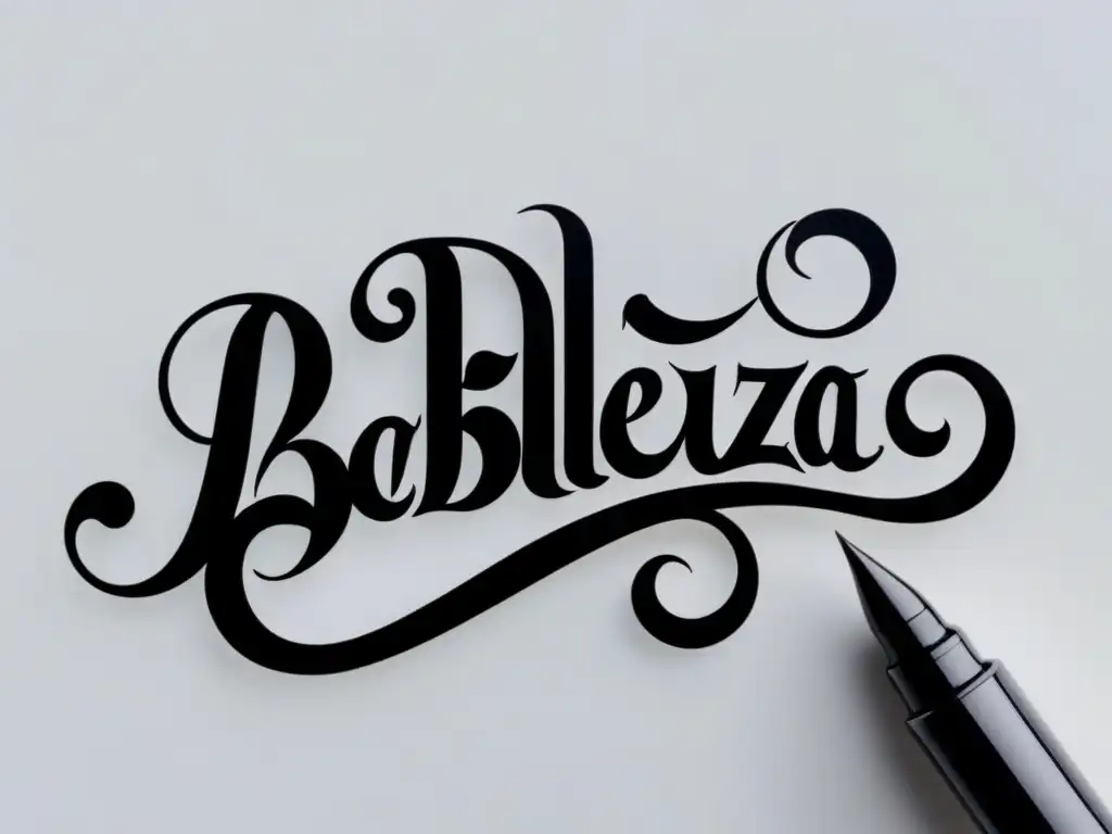 Calligrafía elegante: La belleza de las palabras Una obra de caligrafía poética en tinta negra, con intrincados giros y curvas formando 'La belleza de las palabras', sobre fondo blanco