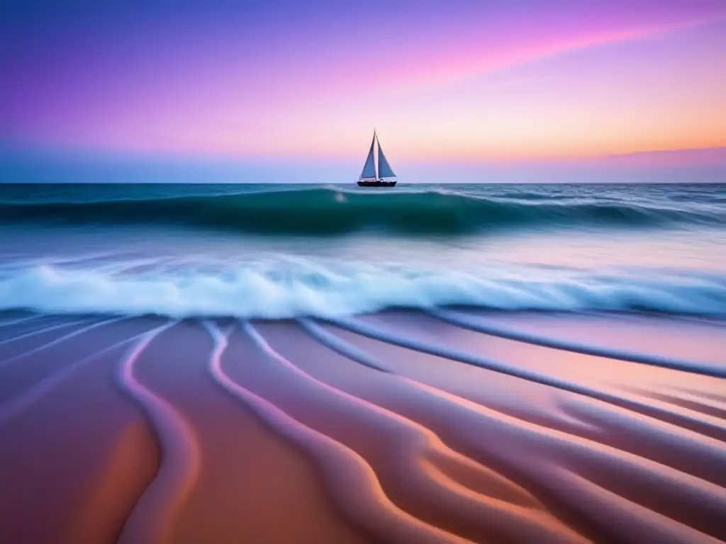 Poesía oceánica: atardecer sereno con velero solitario y suaves olas en la costa