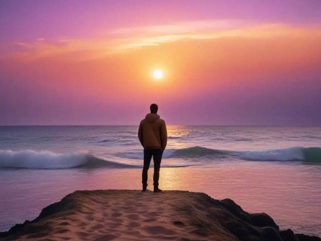 Figura contemplando el océano al atardecer, con cielo colorido y cálido resplandor dorado