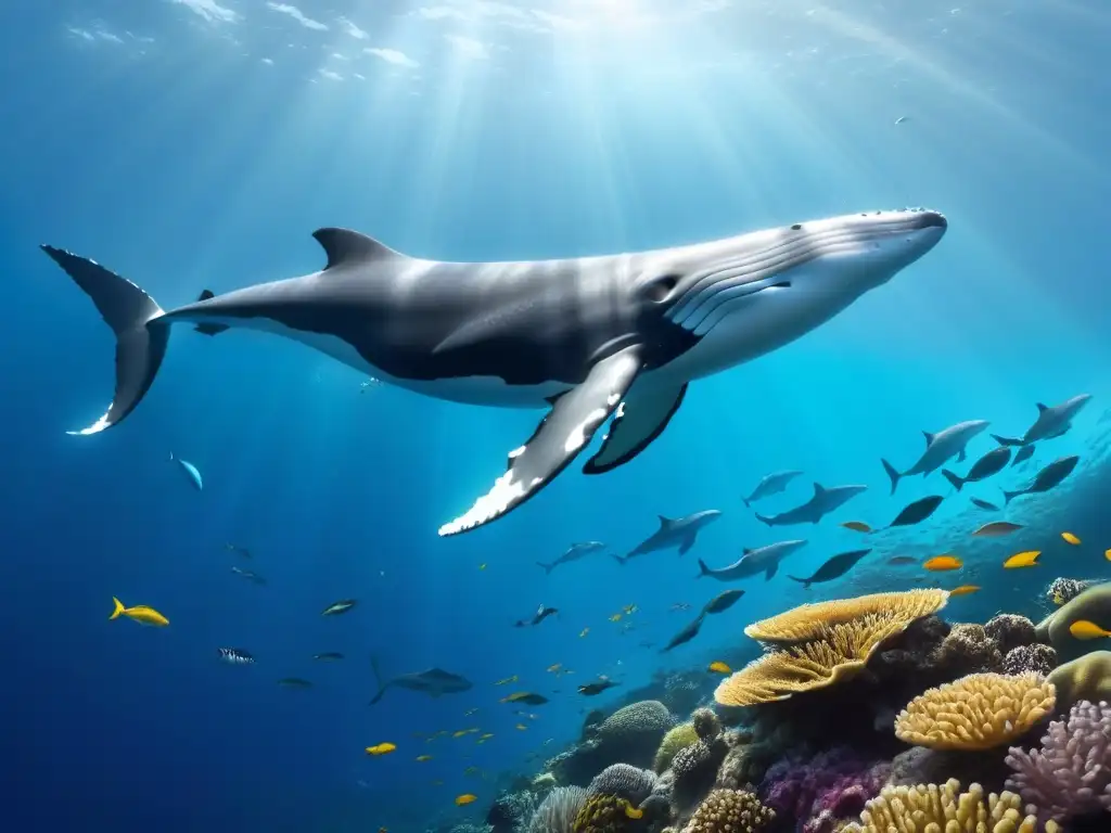 Un océano azul profundo repleto de vida marina, con arrecifes de coral coloridos y una ballena majestuosa nadando