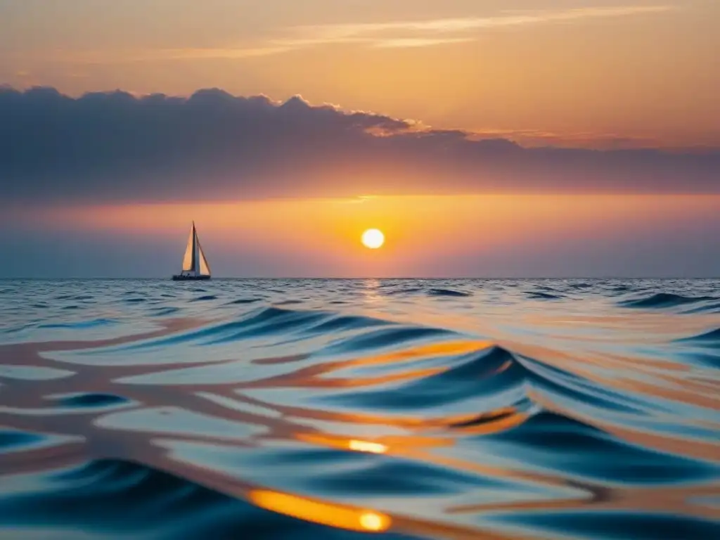 Un océano sereno al atardecer, con reflejos dorados del sol y un velero a lo lejos