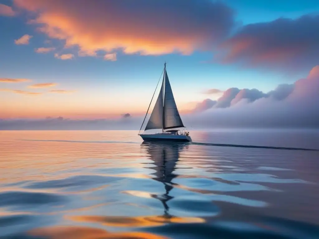 Una odisea poética de belleza transformadora: velero solitario surcando aguas serenas al atardecer