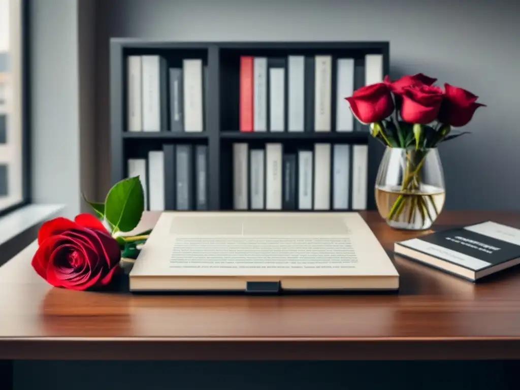 Una oficina moderna con una laptop mostrando publicidad poética, libros de poesía y una rosa roja