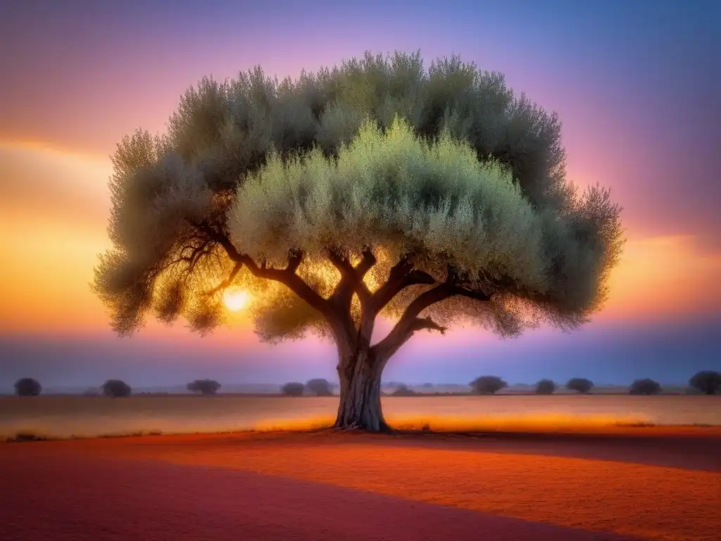 Árbol de olivo solitario en atardecer ardiente, símbolo de resiliencia y fuerza Un olivo solitario destaca contra un atardecer ardiente, sus ramas se extienden como versos de poesía en el cielo, simbolizando la resiliencia y la fuerza ante la adversidad, en un homenaje a Miguel Hernández, poeta del pueblo y sus versos