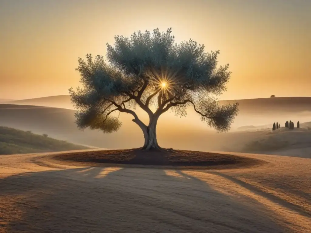 Un olivo solitario se yergue majestuoso al atardecer andaluz, proyectando sombra en la tierra árida con versos de Lorca