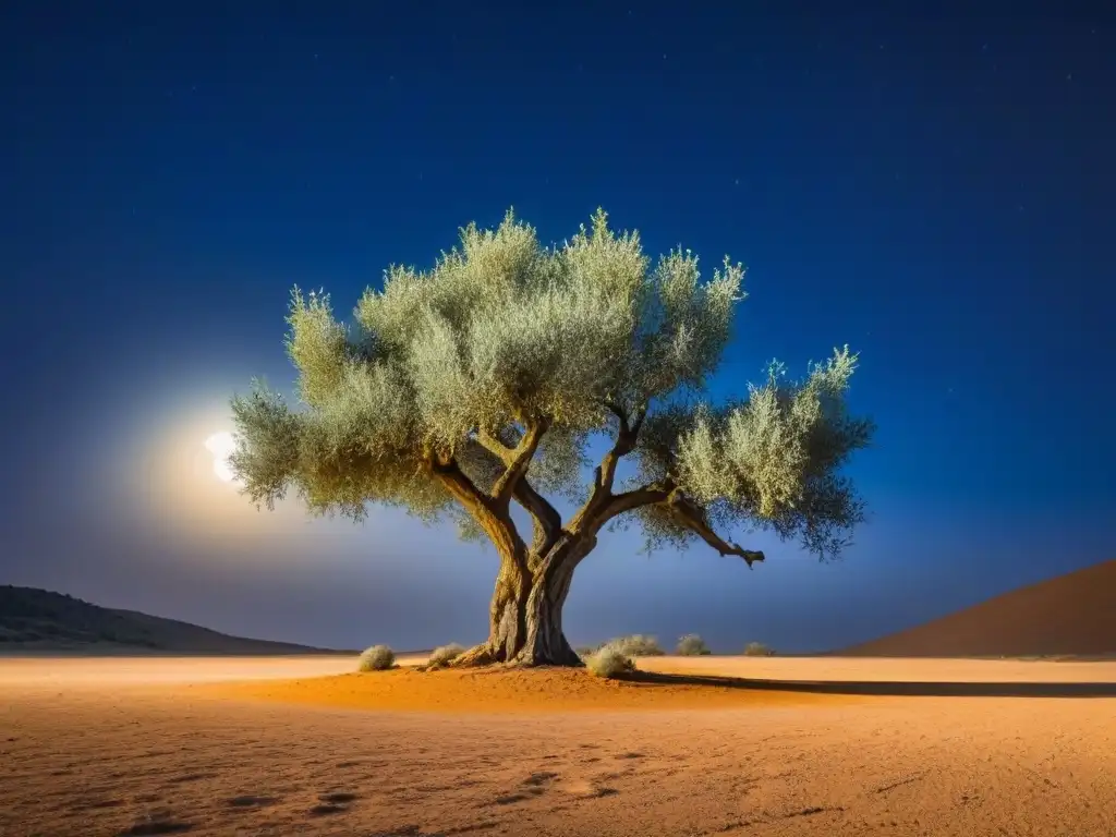 Un olivo solitario se alza en un paisaje árido bajo un cielo estrellado, evocando realismo mágico Federico García Lorca