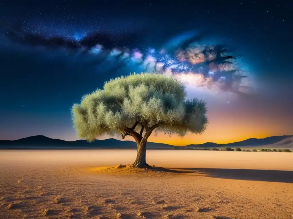 Un olivo solitario se alza en un paisaje desolado bajo un cielo estrellado