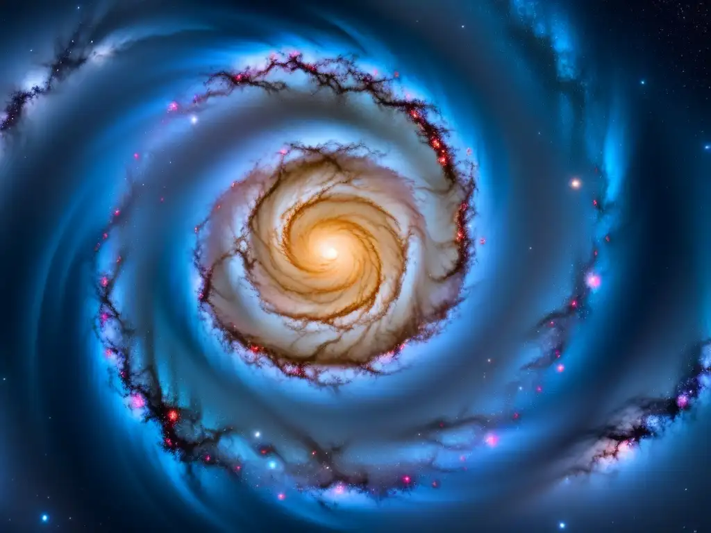 Galaxia espiral ordenada destaca entre caos de nebulosas, simbolismo de universo poético