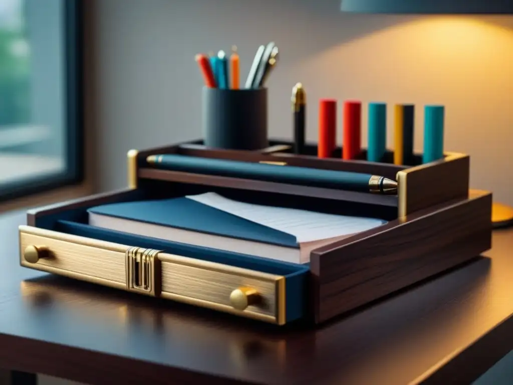 Organizador de escritorio de lujo en madera oscura y metal dorado, manteniendo accesorios de escritura con elegancia y precisión