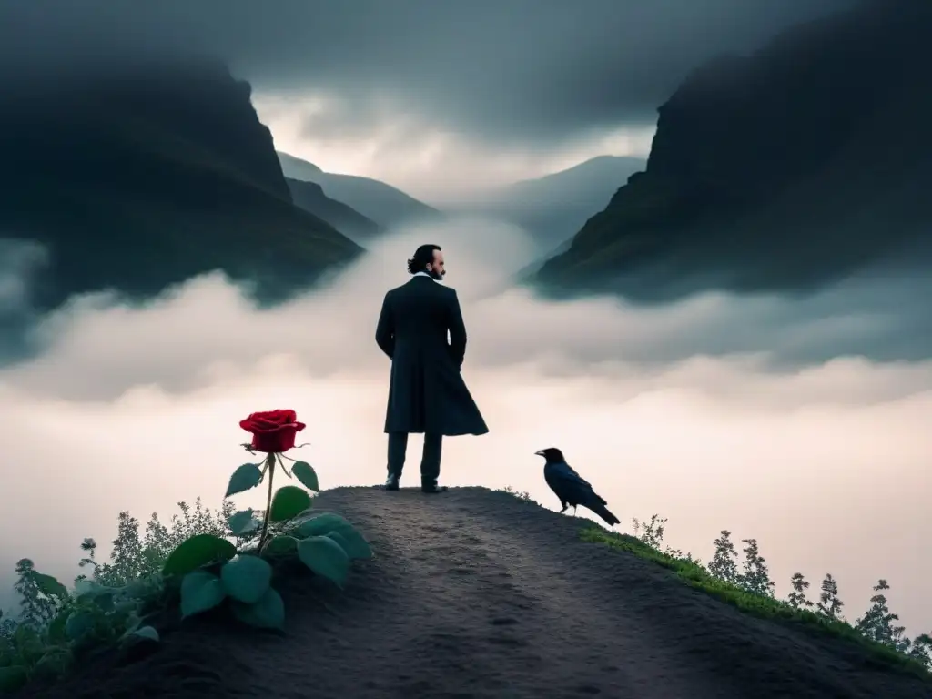 La oscuridad y belleza de Edgar Allan Poe se reflejan en su silueta rodeada de niebla, cuervos y una rosa roja a sus pies