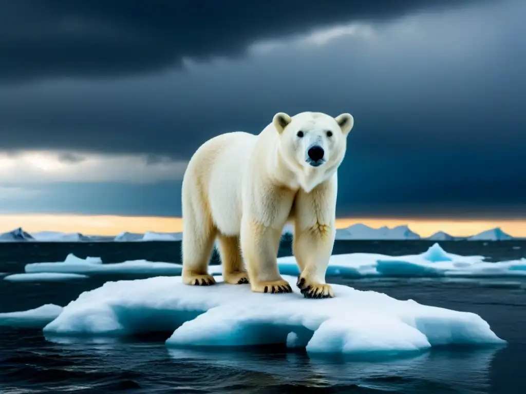 Un oso polar en un iceberg derritiéndose bajo tormenta, representa el impacto del cambio climático