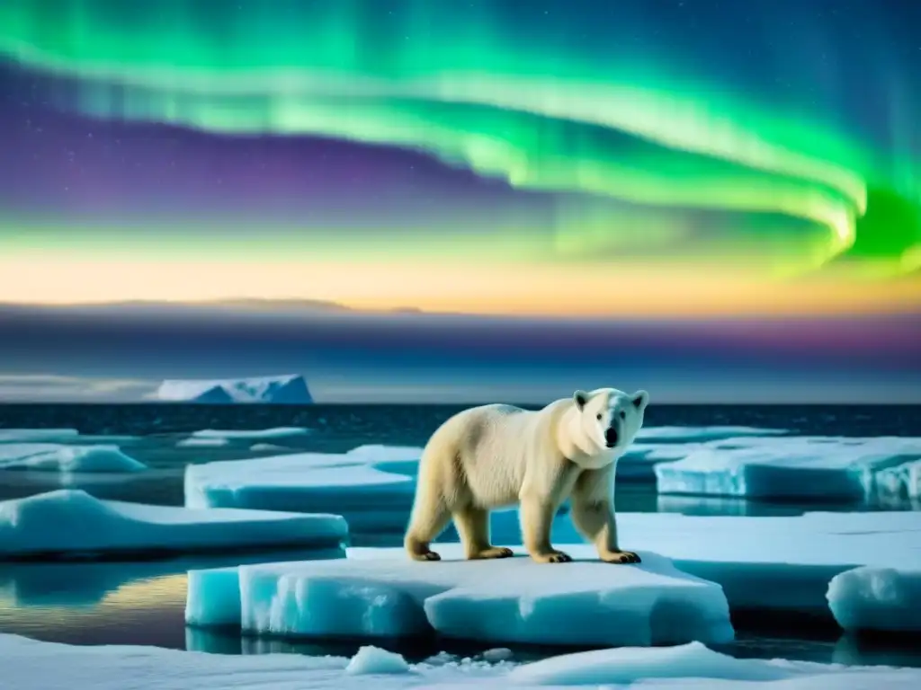 Un oso polar solitario en un bloque de hielo, bajo la Aurora Boreal