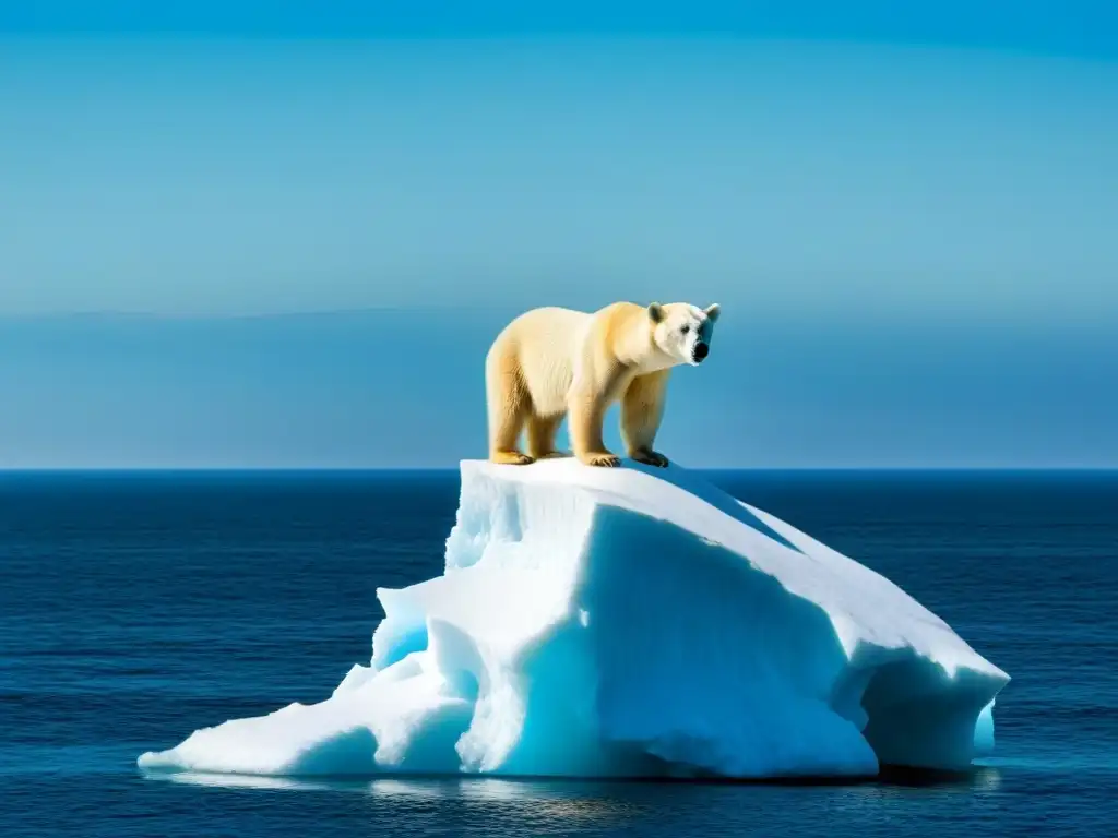 Un oso polar solitario en un iceberg derritiéndose, frente al vasto océano y cielo azul