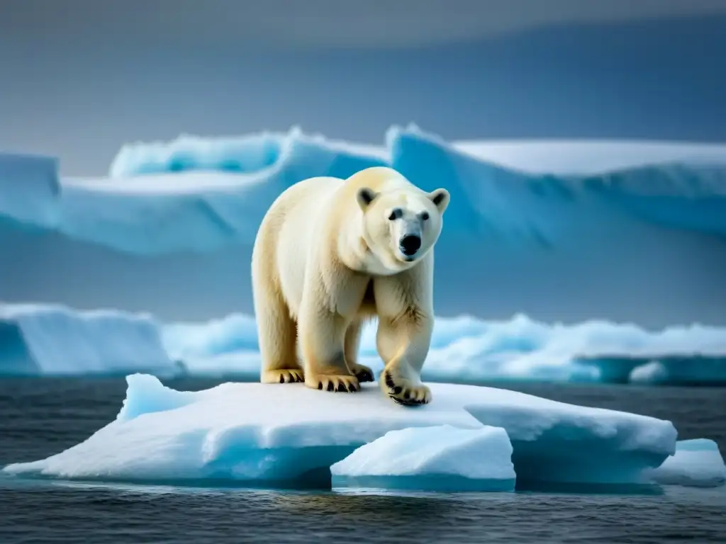 Un oso polar solitario sobre un iceberg rodeado de hielo derretido