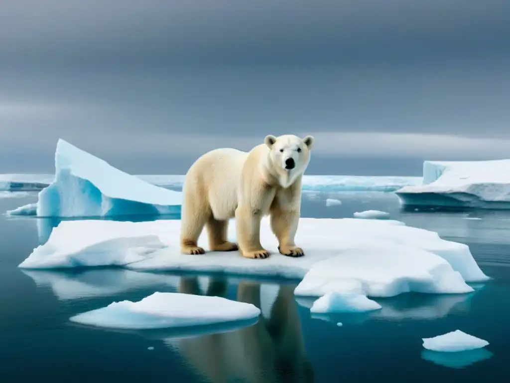 Un oso polar solitario en un iceberg derritiéndose, reflejando la vulnerabilidad ante la crisis climática