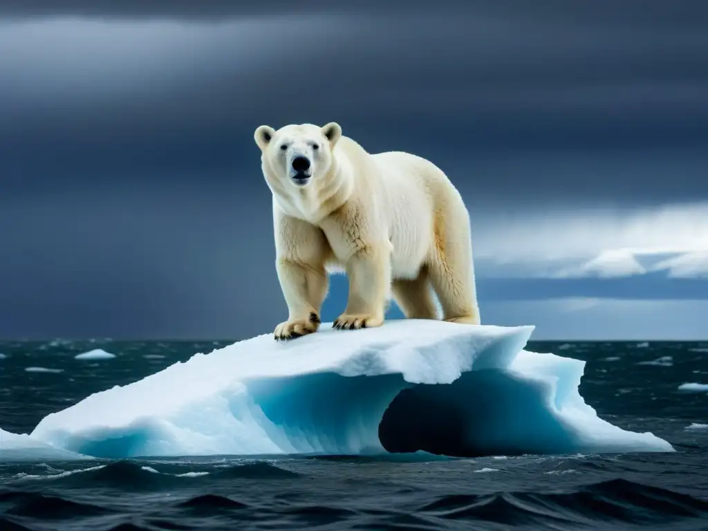 Oso polar solitario en iceberg derritiéndose: impacto del cambio climático Un oso polar solitario sobre un iceberg derritiéndose, bajo un cielo tormentoso
