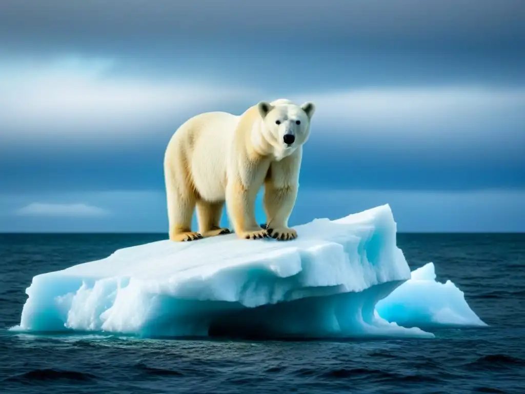 Un oso polar solitario en un iceberg derritiéndose, bajo un cielo nublado y vasto océano